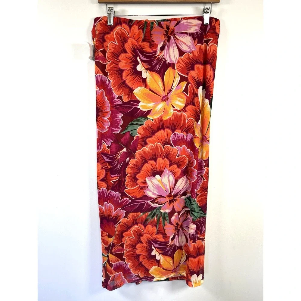 NWT Womens Ruched Peony Floral Midi Skirt L Slit Mesh Strechy Tropical Resort‎